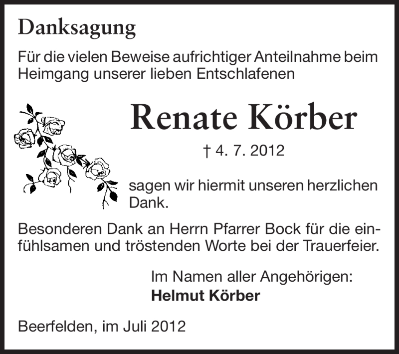 Traueranzeige für Renate Körber vom 01.08.2012 aus Odenwälder Echo