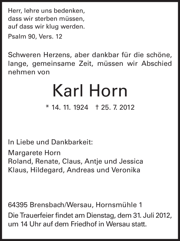  Traueranzeige für Karl Horn vom 28.07.2012 aus Odenwälder Echo