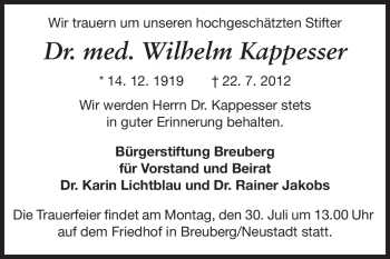 Traueranzeige von Wilhelm Kappesser von Odenwälder Echo