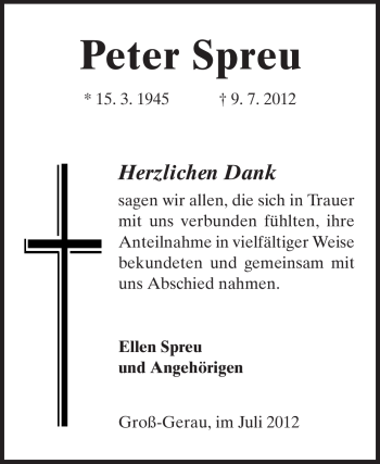 Traueranzeige von Peter Spreu von Rüsselsheimer Echo, Groß-Gerauer-Echo, Ried Echo