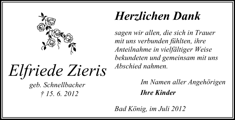  Traueranzeige für Elfriede Zieris vom 28.07.2012 aus Odenwälder Echo