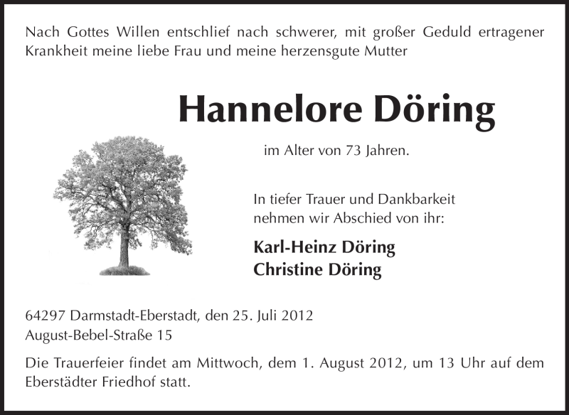 Traueranzeige für Hannelore Döring vom 28.07.2012 aus Echo-Zeitungen (Gesamtausgabe)