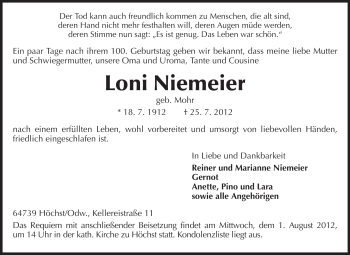 Traueranzeige von Loni Niemeier von Odenwälder Echo