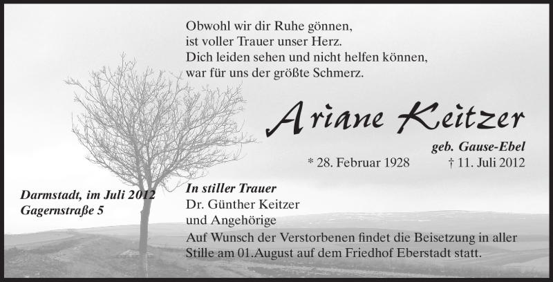  Traueranzeige für Ariane Keitzer vom 27.07.2012 aus Echo-Zeitungen (Gesamtausgabe)