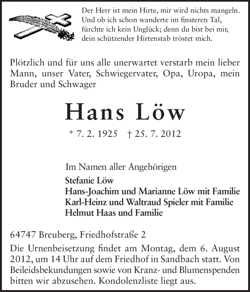  Traueranzeige für Hans Löw vom 03.08.2012 aus Odenwälder Echo