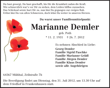 Traueranzeige von Marianne Demler von Echo-Zeitungen (Gesamtausgabe)