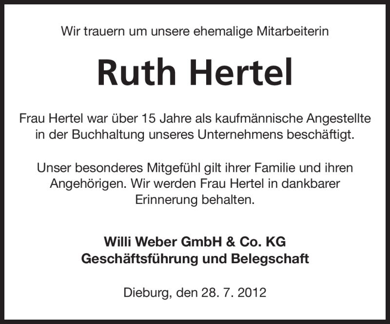  Traueranzeige für Ruth Hertel vom 28.07.2012 aus Odenwälder Echo