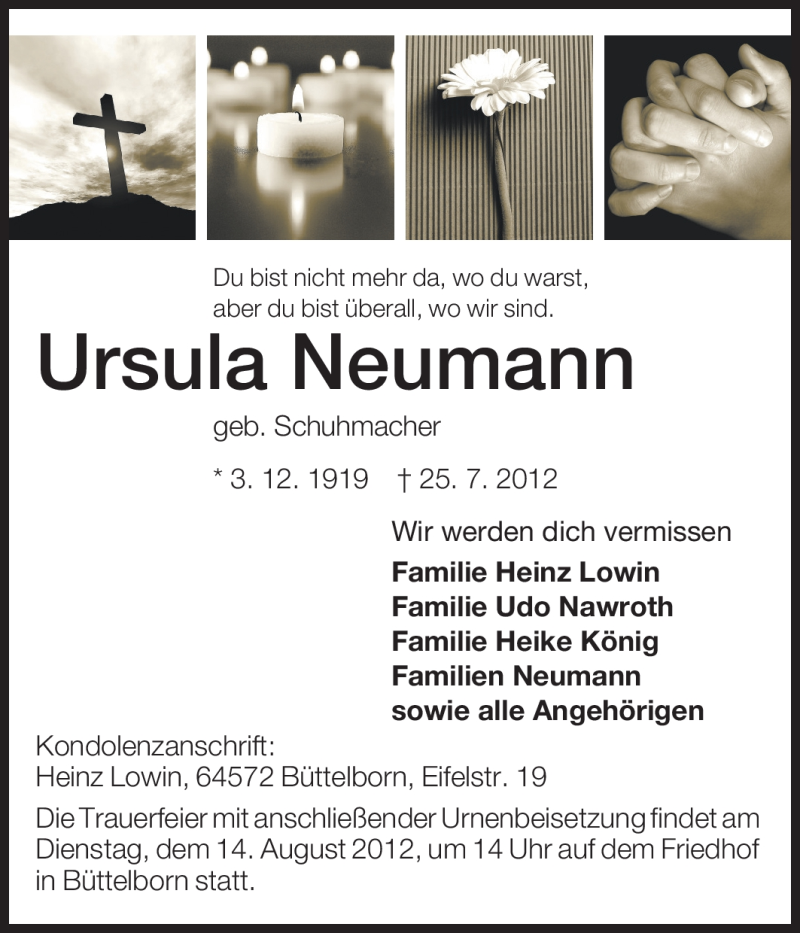  Traueranzeige für Ursula Neumann vom 28.07.2012 aus Rüsselsheimer Echo, Groß-Gerauer-Echo, Ried Echo