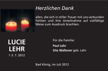 Traueranzeige von Lucie Lehr von Odenwälder Echo