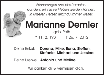 Traueranzeige von Marianne Demler von Echo-Zeitungen (Gesamtausgabe)