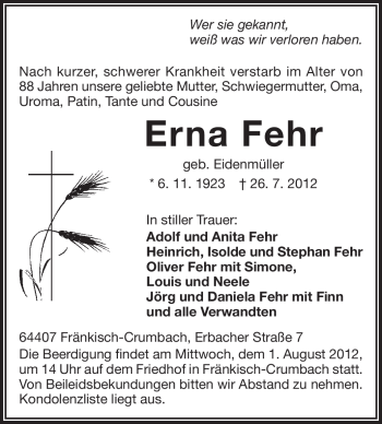 Traueranzeige von Erna Fehr von Odenwälder Echo