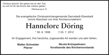 Traueranzeige von Hannelore Döring von Echo-Zeitungen (Gesamtausgabe)