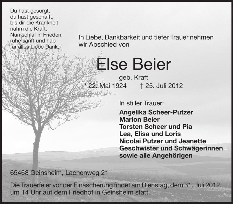  Traueranzeige für Else Beier vom 30.07.2012 aus Rüsselsheimer Echo, Groß-Gerauer-Echo, Ried Echo