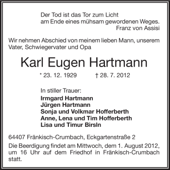 Traueranzeige von Karl Eugen Hartmann von Odenwälder Echo