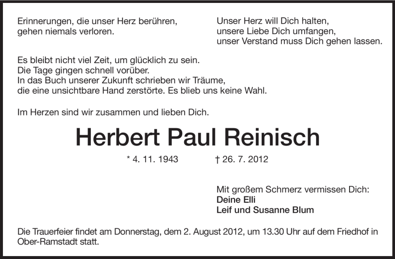  Traueranzeige für Herbert Paul Reinisch vom 31.07.2012 aus Echo-Zeitungen (Gesamtausgabe)