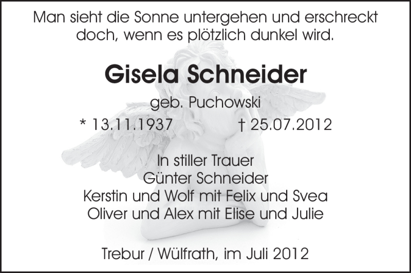  Traueranzeige für Gisela Schneider vom 31.07.2012 aus Rüsselsheimer Echo, Groß-Gerauer-Echo, Ried Echo
