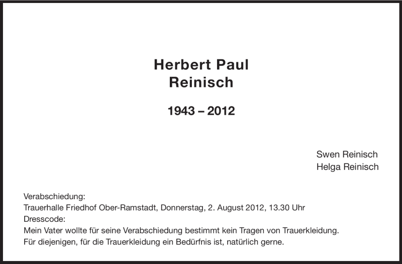 Traueranzeige für Herbert Paul Reinisch vom 31.07.2012 aus Echo-Zeitungen (Gesamtausgabe)