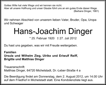 Traueranzeige von Hans-Joachim Dinger von Odenwälder Echo