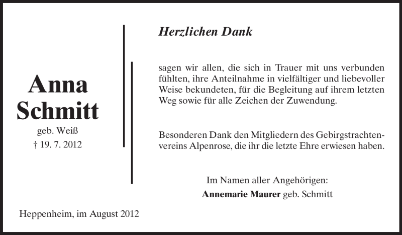  Traueranzeige für Anna Schmitt vom 04.08.2012 aus Starkenburger Echo
