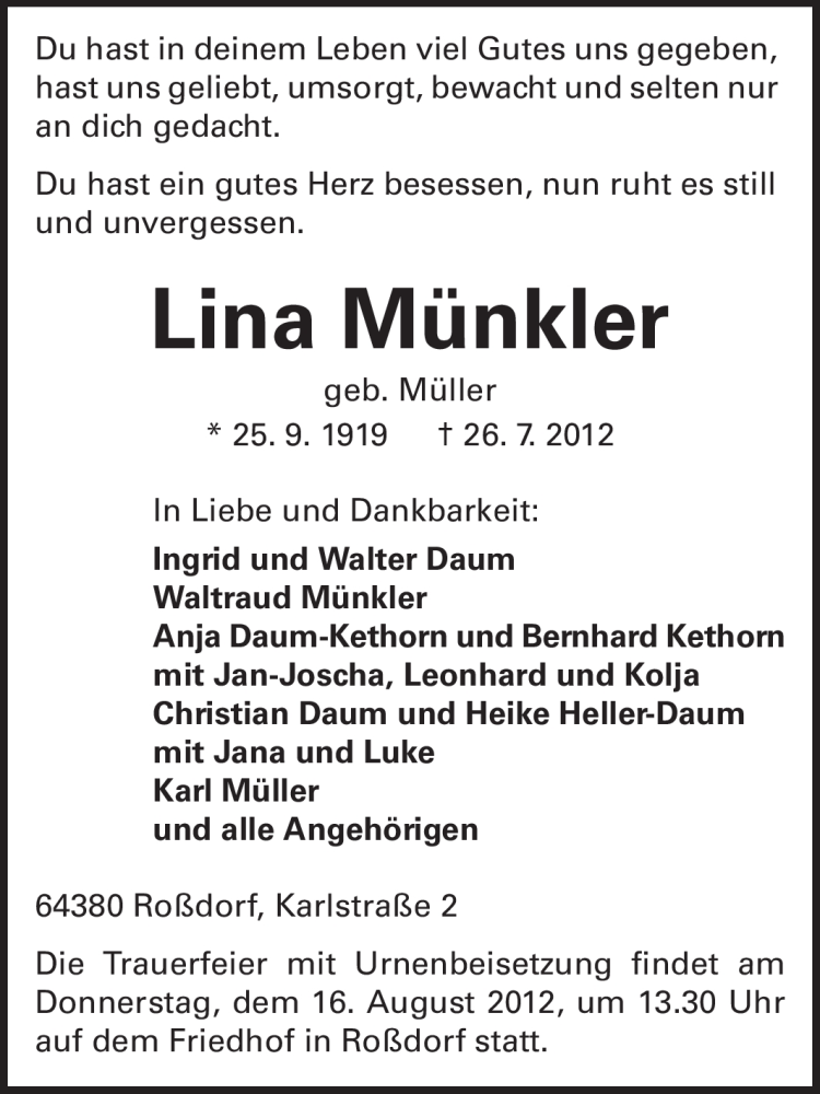  Traueranzeige für Lina Münkler vom 13.08.2012 aus Echo-Zeitungen (Gesamtausgabe)