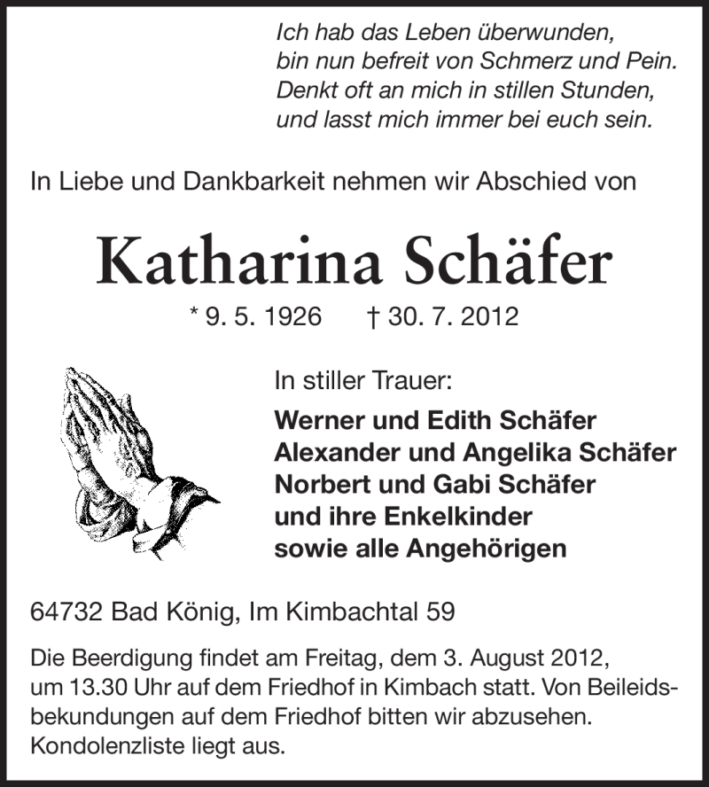 Traueranzeige für Katharina Schäfer vom 01.08.2012 aus Odenwälder Echo