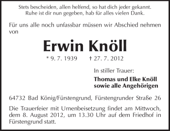 Traueranzeige von Erwin Knöll von Odenwälder Echo