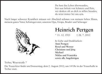 Traueranzeige von Heinrich Pertgen von Rüsselsheimer Echo, Groß-Gerauer-Echo, Ried Echo