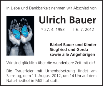 Traueranzeige von Ulrich Bauer von Darmstädter Echo, Odenwälder Echo, Rüsselsheimer Echo, Groß-Gerauer-Echo, Ried Echo