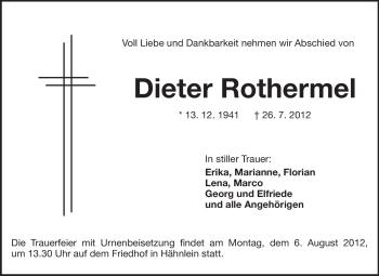 Traueranzeige von Dieter Rothermel von Echo-Zeitungen (Gesamtausgabe)