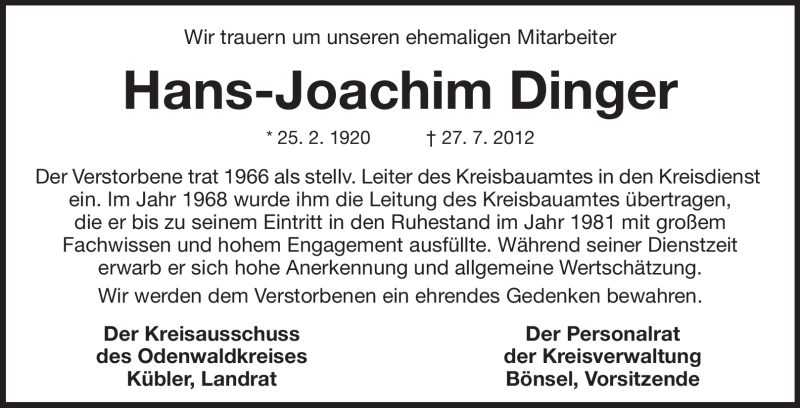  Traueranzeige für Hans-Joachim Dinger vom 01.08.2012 aus Odenwälder Echo