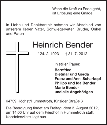 Traueranzeige von Heinrich Bender von Odenwälder Echo
