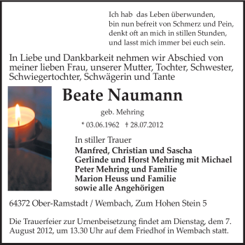 Traueranzeige von Beate Naumann von Darmstädter Echo, Odenwälder Echo, Rüsselsheimer Echo, Groß-Gerauer-Echo, Ried Echo