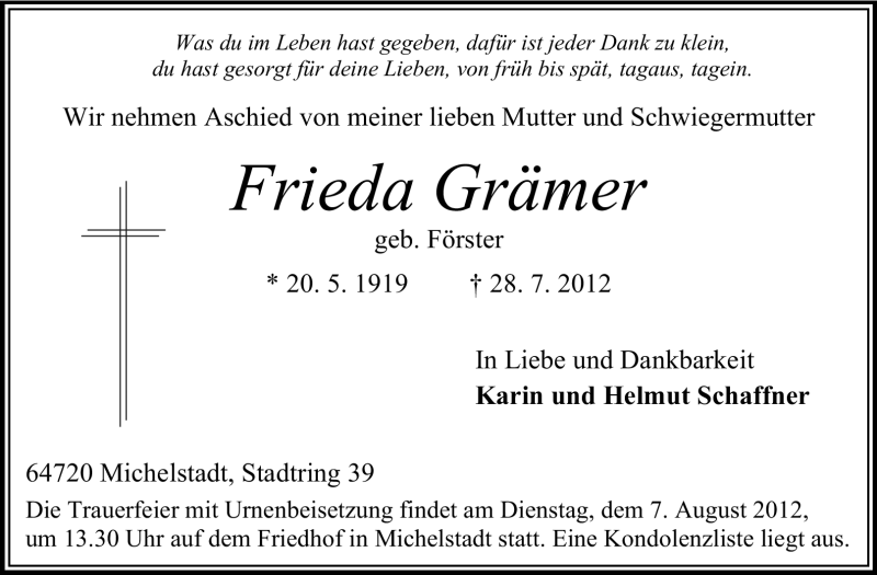  Traueranzeige für Frieda Grämer vom 03.08.2012 aus Odenwälder Echo