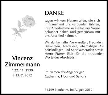 Traueranzeige von Vincenz Zimmermann von Rüsselsheimer Echo, Groß-Gerauer-Echo, Ried Echo