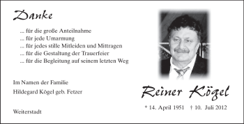Traueranzeige von Reiner Kögel von Echo-Zeitungen (Gesamtausgabe)