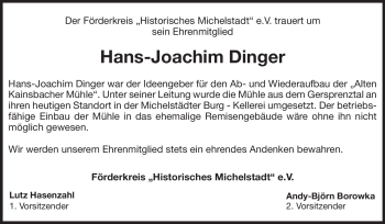 Traueranzeige von Hans-Joachim Dinger von Odenwälder Echo