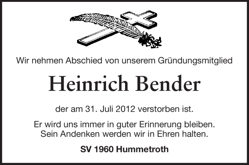  Traueranzeige für Heinrich Bender vom 04.08.2012 aus Odenwälder Echo