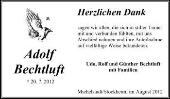 Traueranzeige von Adolf Bechtluft von Odenwälder Echo