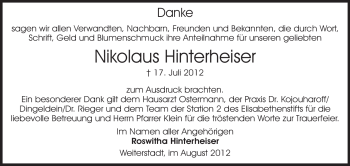 Traueranzeige von Nikolaus Hinterheiser von Darmstädter Echo, Odenwälder Echo, Rüsselsheimer Echo, Groß-Gerauer-Echo, Ried Echo