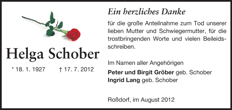  Traueranzeige für Helga Schober vom 04.08.2012 aus Darmstädter Echo, Odenwälder Echo, Rüsselsheimer Echo, Groß-Gerauer-Echo, Ried Echo
