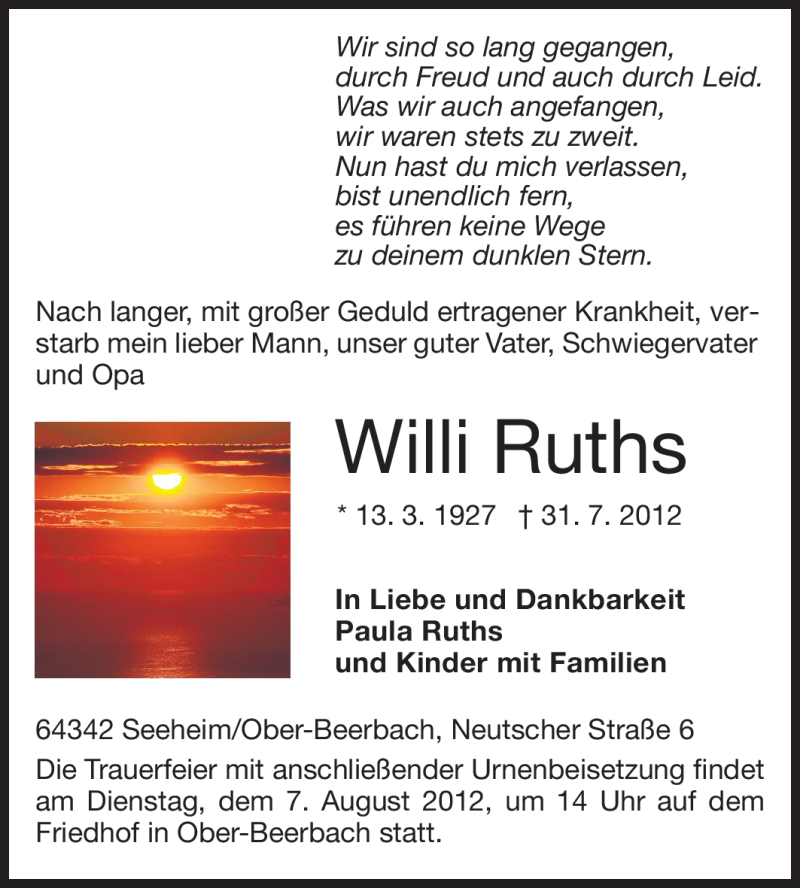  Traueranzeige für Willi Ruths vom 03.08.2012 aus Echo-Zeitungen (Gesamtausgabe)