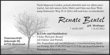 Traueranzeige von Renate Beutel von Echo-Zeitungen (Gesamtausgabe)