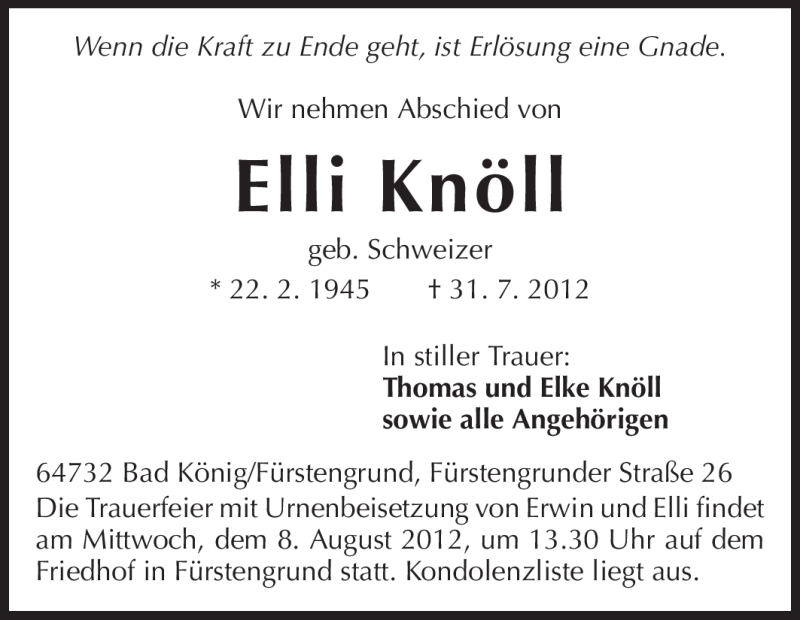  Traueranzeige für Elli Knöll vom 04.08.2012 aus Odenwälder Echo