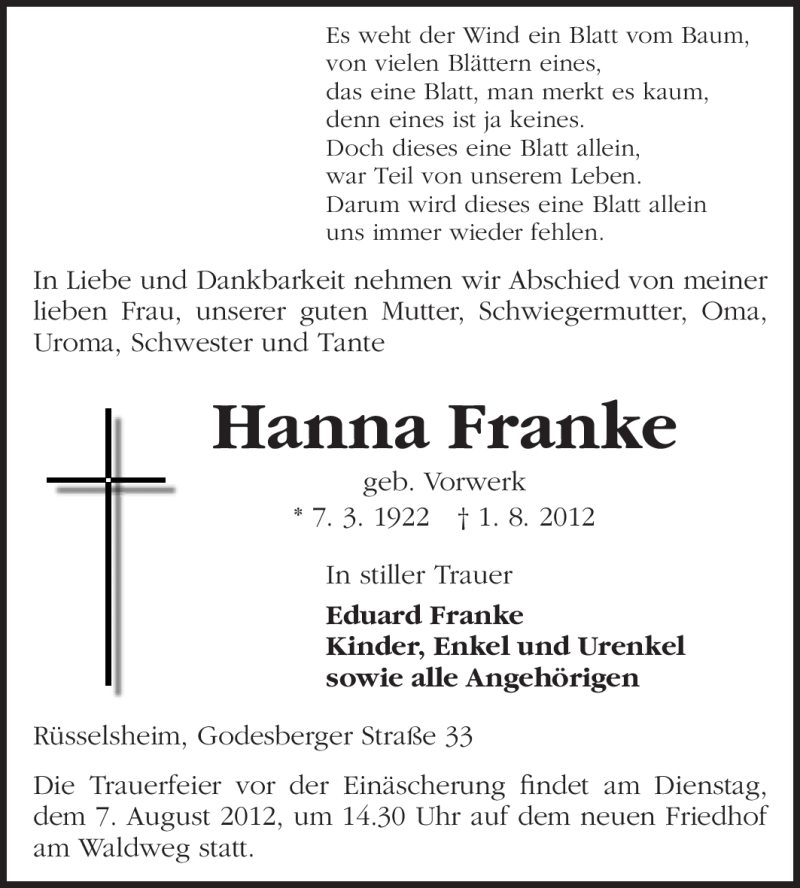  Traueranzeige für Hanna Franke vom 04.08.2012 aus Rüsselsheimer Echo, Groß-Gerauer-Echo, Ried Echo
