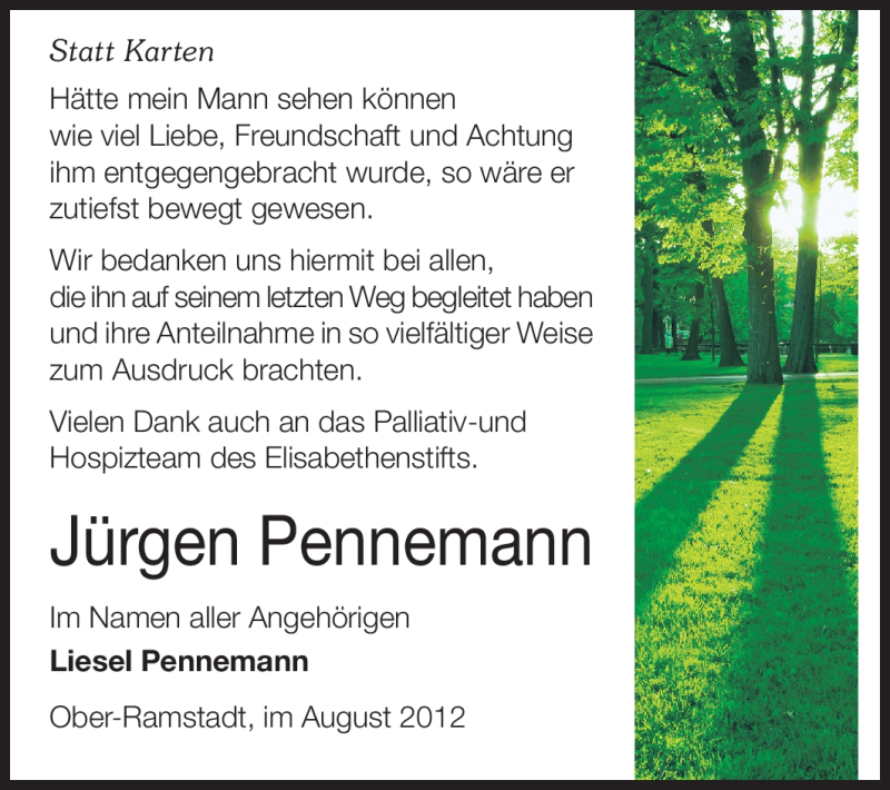  Traueranzeige für Jürgen Pennemann vom 04.08.2012 aus Echo-Zeitungen (Gesamtausgabe)