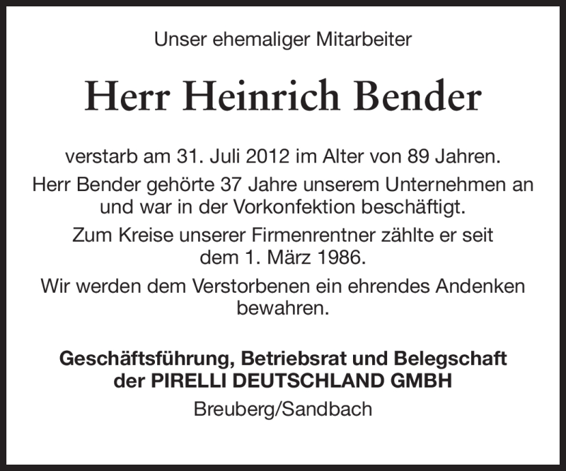  Traueranzeige für Heinrich Bender vom 04.08.2012 aus Odenwälder Echo