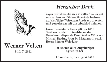 Traueranzeige von Werner Velten von Rüsselsheimer Echo, Groß-Gerauer-Echo, Ried Echo