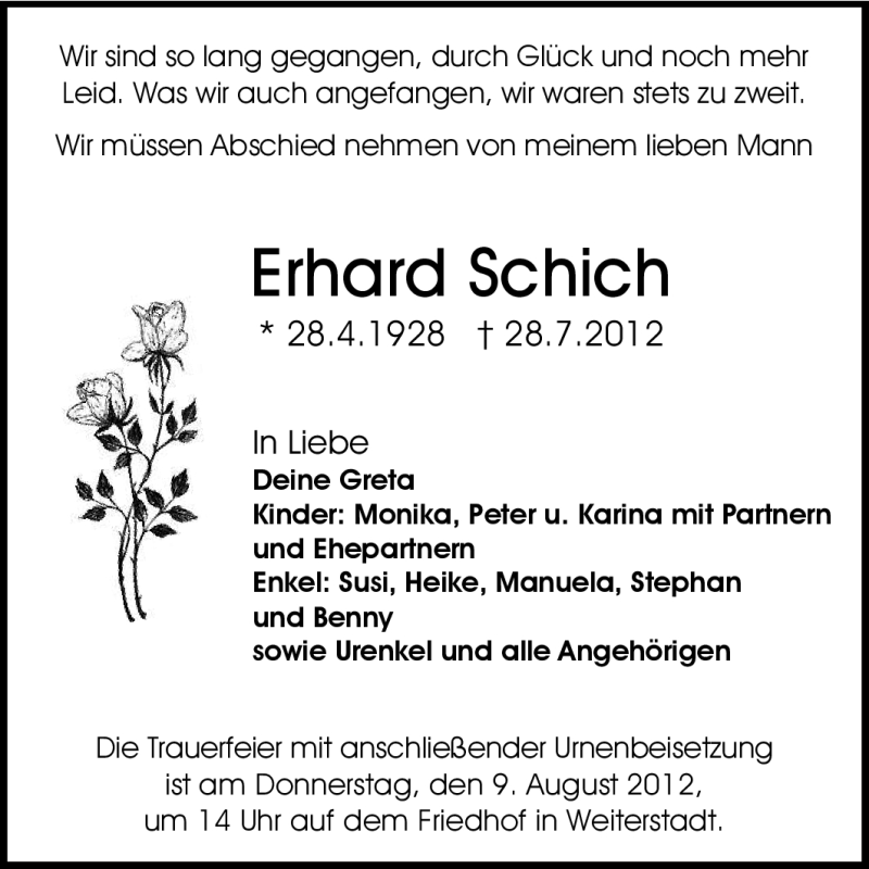  Traueranzeige für Erhard Schich vom 04.08.2012 aus Echo-Zeitungen (Gesamtausgabe)