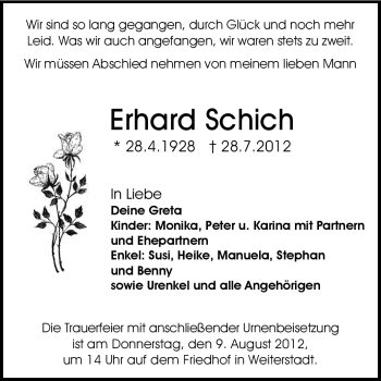 Traueranzeige von Erhard Schich von Echo-Zeitungen (Gesamtausgabe)