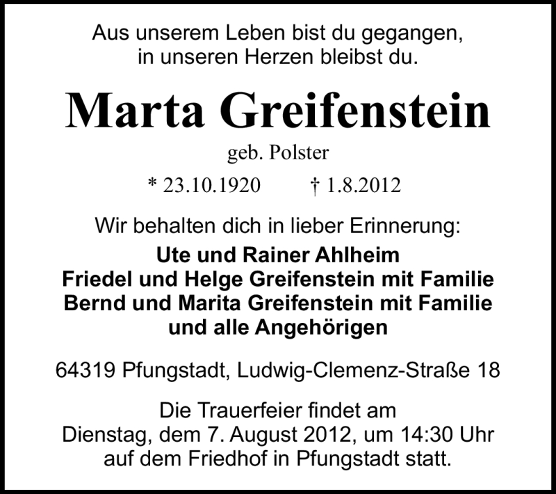 Traueranzeige für Marta Greifenstein vom 04.08.2012 aus Echo-Zeitungen (Gesamtausgabe)